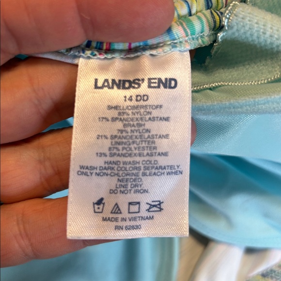 LANDS' END Striped Tankini Bathing Suit Top Cinched 14DD Aqua Adjustable Bra - Picture 8 of 8